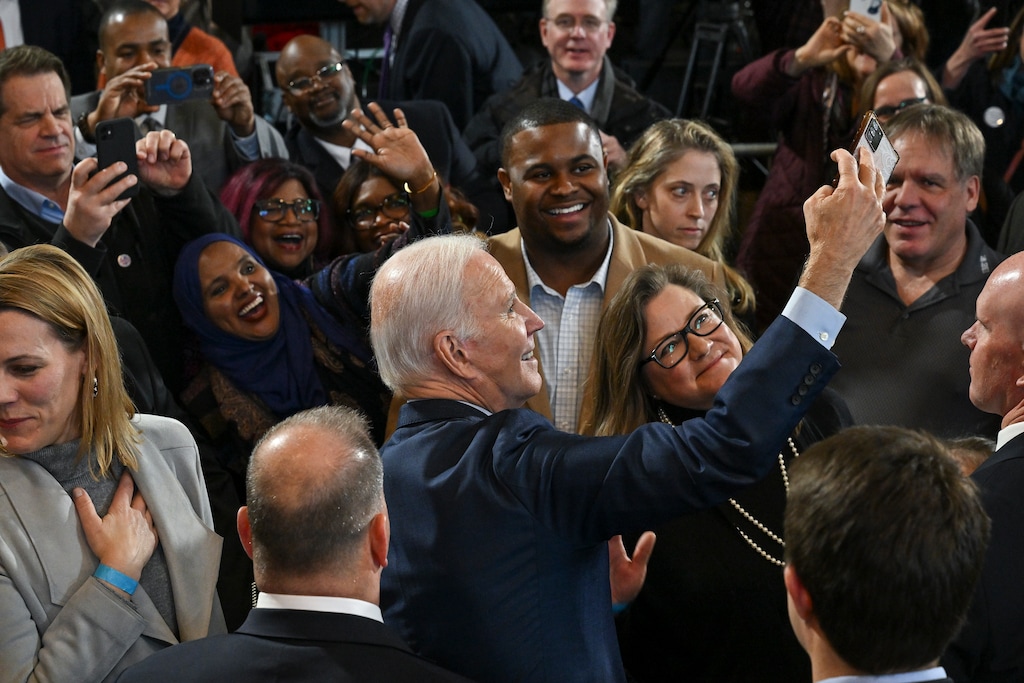 (Kenny Holston | The New York Times)

President Joe Biden takes a selfie after delivering remarks at LIUNA Training Center in DeForest, Wis. on Feb. 8, 2023.