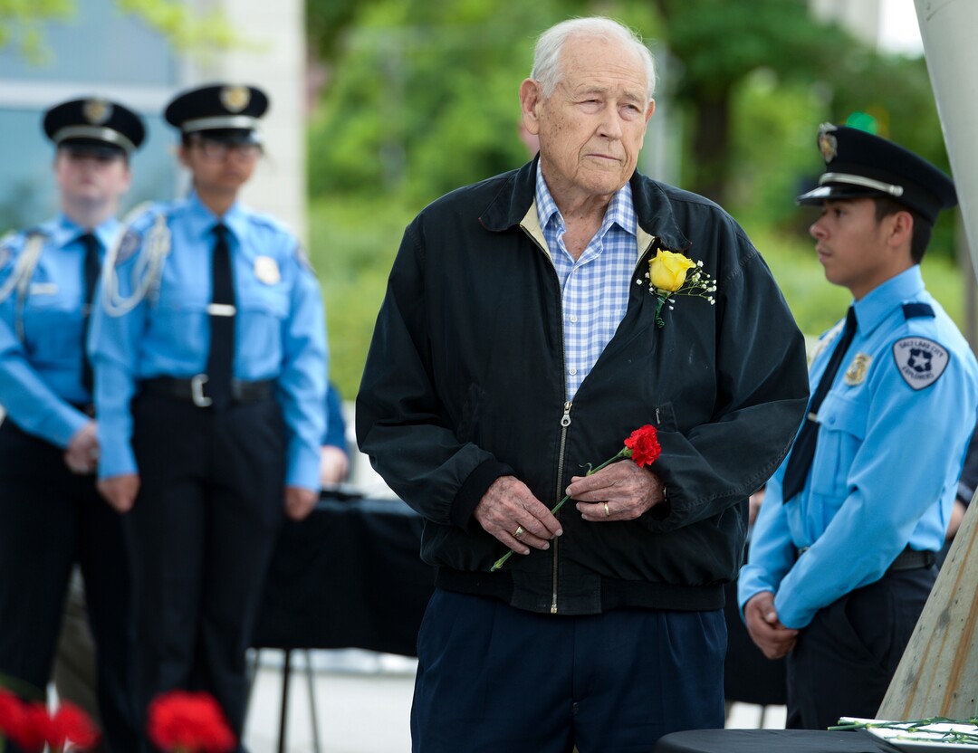 (Leah Hogsten  |  The Salt Lake Tribune) "Those were tough days," said Owen William Farley of his father Detective Owen T. Farley who died in the line of duty some 70 years ago when Owen was 16-years-old.  In honor of Police Week, the Salt Lake City Police Department honored its fallen officers with a memorial service and a 21-gun salute at the Public Safety Building, Thursday, May16, 2019.