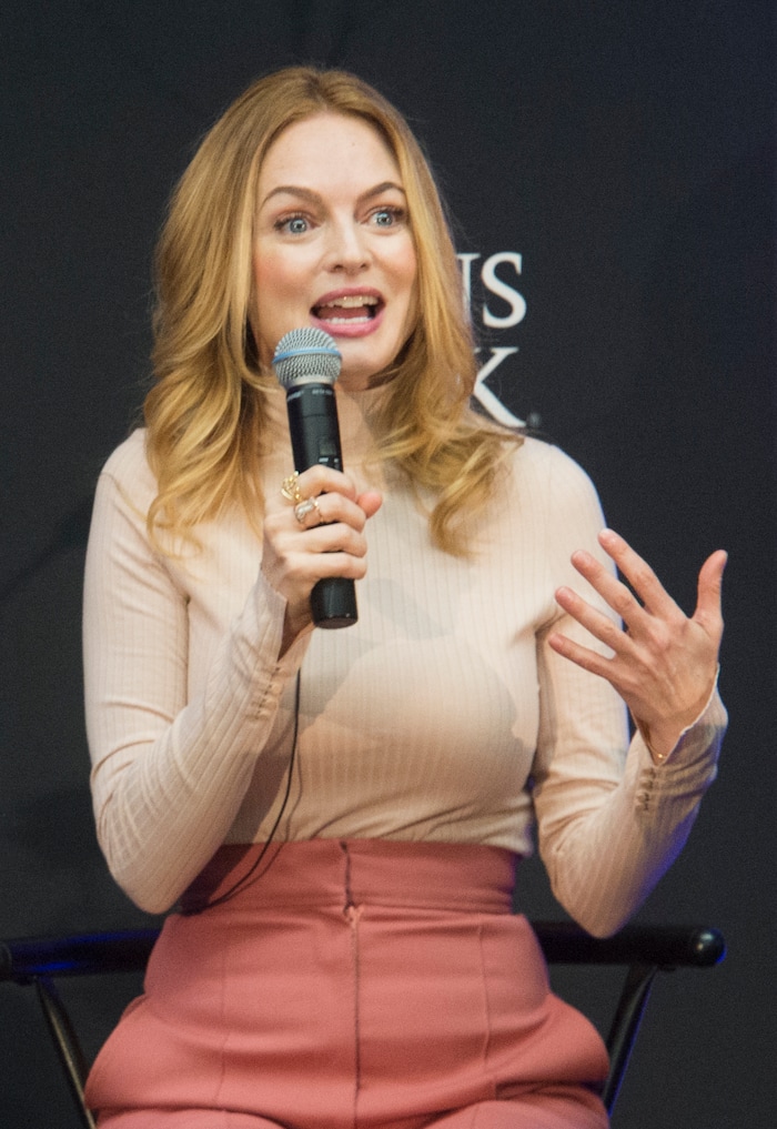 (Rick Egan  |  The Salt Lake Tribune)    Featured guest Heather Graham, answers questions from the audience, at the 2018 Sundance Film Festival Utah Women’s Leadership Celebration in Park City on Thursday, Jan. 25, 2018.