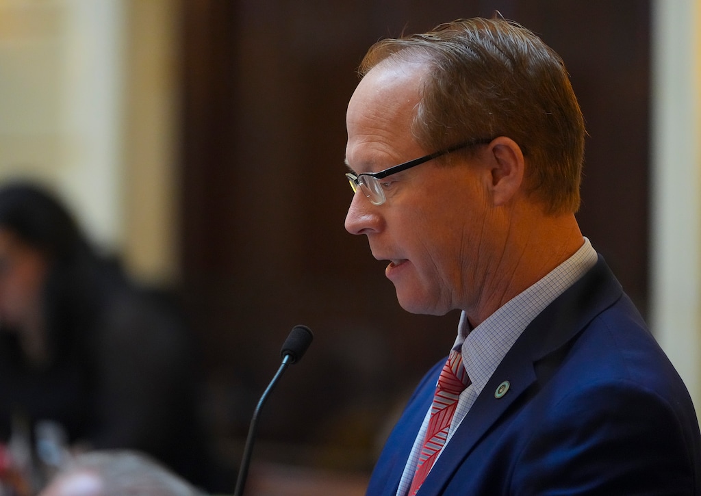 (Bethany Baker  |  The Salt Lake Tribune) Sen. Keith Grover, R-Provo, speaks about HB261 during the legislative session at the Utah Capitol in Salt Lake City on Thursday, Jan. 25, 2024.