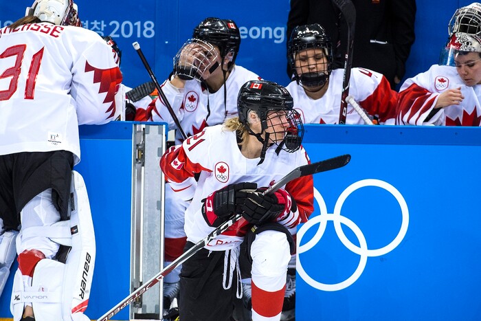 (Chris Detrick  |  The Salt Lake Tribune)  Members of team Canada after the Women's Gold Medal Game at Gangneung Hockey Centre during the Pyeongchang 2018 Winter Olympics Thursday, Feb. 22, 2018. United States defeated Canada 3-2 in a shootout victory. 
