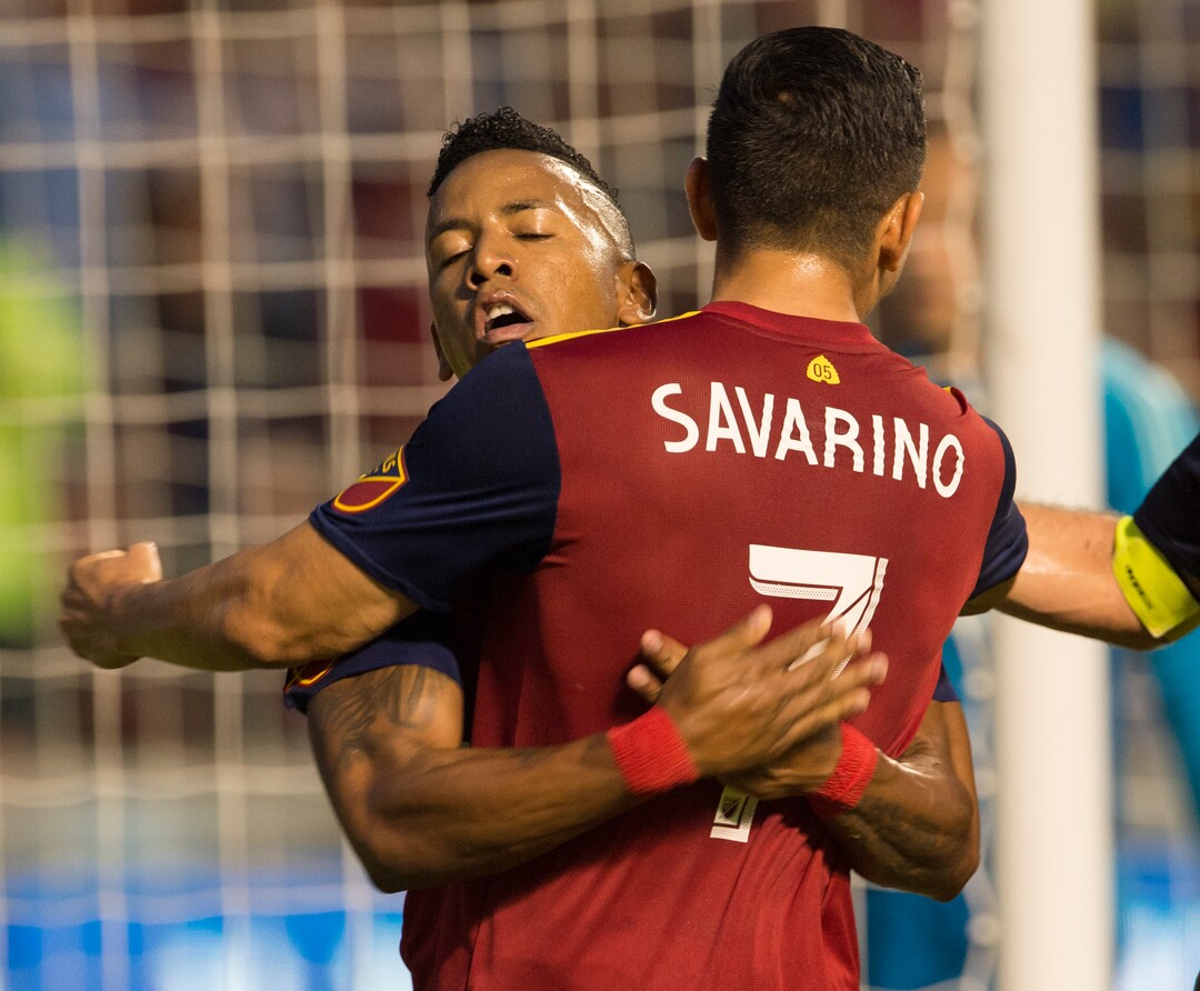 (Rick Egan  |  The Salt Lake Tribune)     Real Salt Lake forward Joao Plata (10) celebrates with Real Salt Lake forward Jefferson Savarino (7) after scoring a goal in the first period, in MLS action between Real Salt Lake and Montreal Impact, at Rio Tinto Stadium in Sandy, Saturday, Aug. 11, 2018.