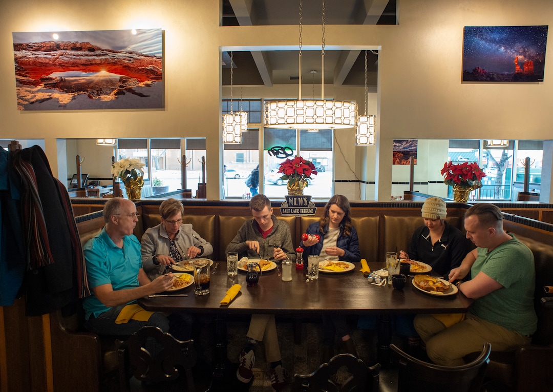 (Rick Egan  |  The Salt Lake Tribune) The Eyre family — Ron, Julianne, Kaden, Ashley, Channing and Jordan — dine at the new Tru Religion Pancake & Steakhouse, which opened recently in Orem. It features antique furniture from Salt Lake City's Lamb's Grill. Friday, Dec. 28, 2018.