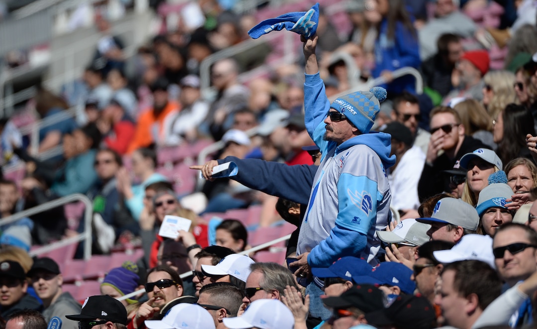 (Francisco Kjolseth  |  The Salt Lake Tribune)  Fans cheer on the Salt Lake Stallions as they host the Memphis Express of the Alliance of American Football in Salt Lake City on Saturday March 16, 2019.