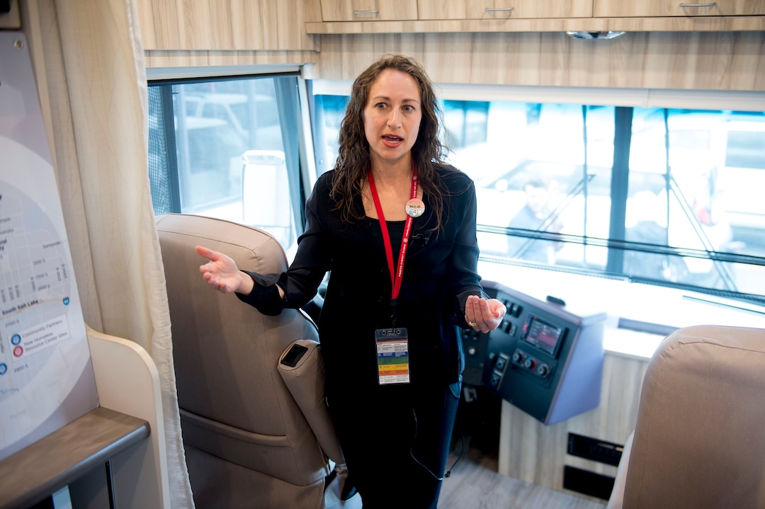 (Jeremy Harmon  | The Salt Lake Tribune) Michele Goldberg, medical director of the Fourth Street Clinic, gives a tours of their new mobile clinic on Thursday, May 9, 2019. The clinic will serve Salt Lake City's homeless population at three new resource centers and in conjunction with other organizations that provide homeless services.