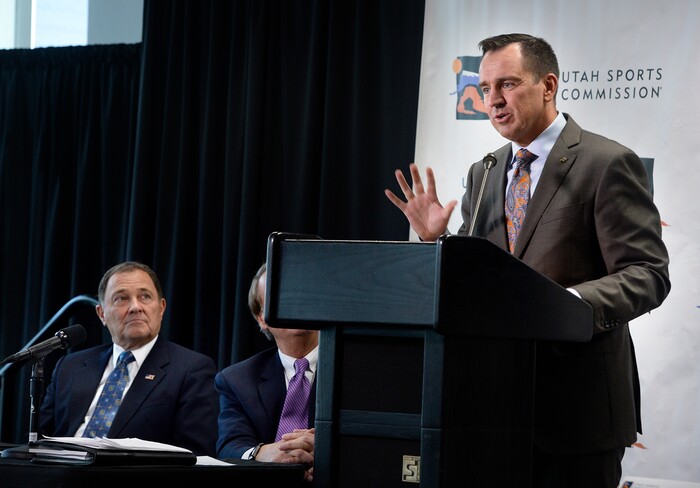 (Scott Sommerdorf | The Salt Lake Tribune)
Governor Gary R. Herbert, left, listens as Speaker Greg Hughes speaks as members of the newly-announced Olympic/Paralympic Exploratory Committee (OEC) met with members of the media to outline their reasons for exploring the possibility of hosting a future Olympic Winter Games, Thursday, October 19, 2017.