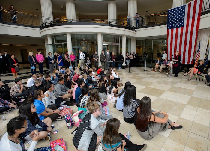(Steve Griffin  |  The Salt Lake Tribune)  Midvale Middle School children listen to Justice Christine Durham as she reads the Preamble Of The Constitution as the Utah State Courts celebrate Constitution Day in the rotunda of the Matheson Courthouse in Salt Lake City Friday September 15, 2017.

