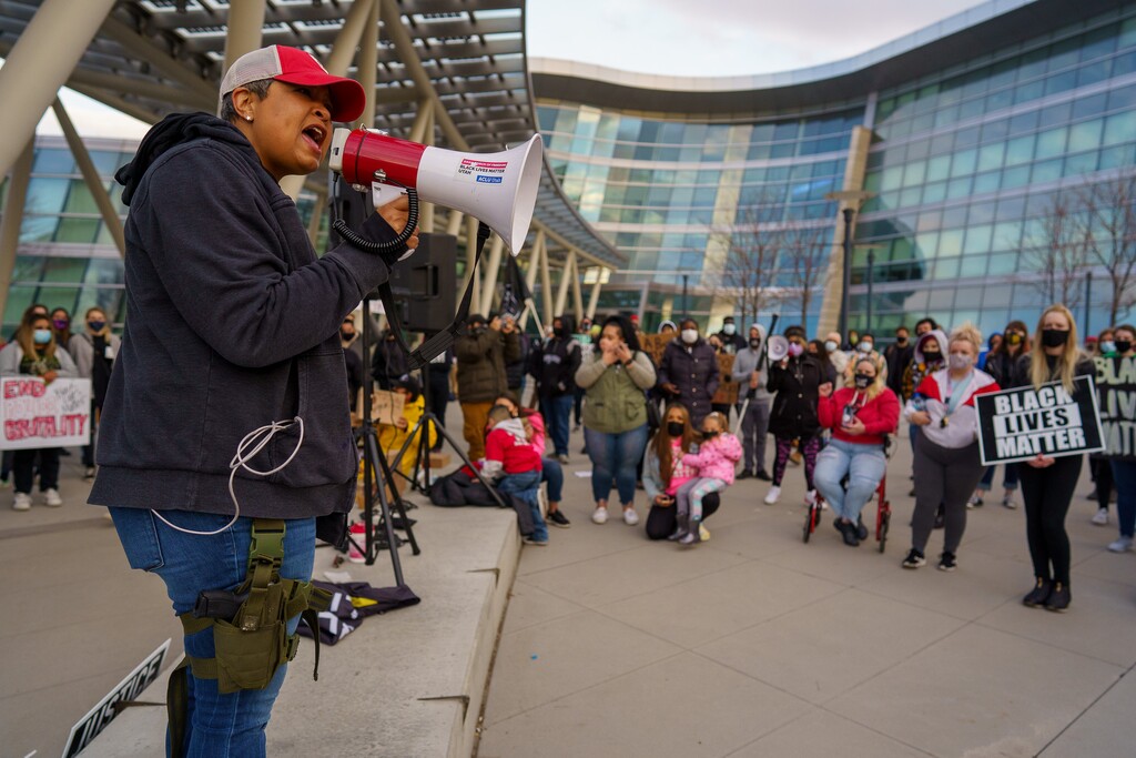 (Trent Nelson  |  The Salt Lake Tribune) Lex Scott at a rally sponsored by the Black Lives Matter Utah Chapter, at the Public Safety Building in Salt Lake City on Friday, April 16, 2021.