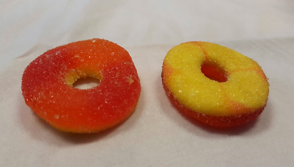 (San Francisco Department of Health | The Associated Press) This Aug. 8, 2016, photo released by the San Francisco Department of Health shows gummy ring candies served at a Quincea'era party in San Francisco. City health officials suspect the candies that sickened 19 people at a birthday party on Saturday, Aug. 6, 2016, contained edible marijuana. Final lab results weren't available Monday, but officials say some of the hospitalized patients tested positive for THC, the main psychoactive ingredient in marijuana.