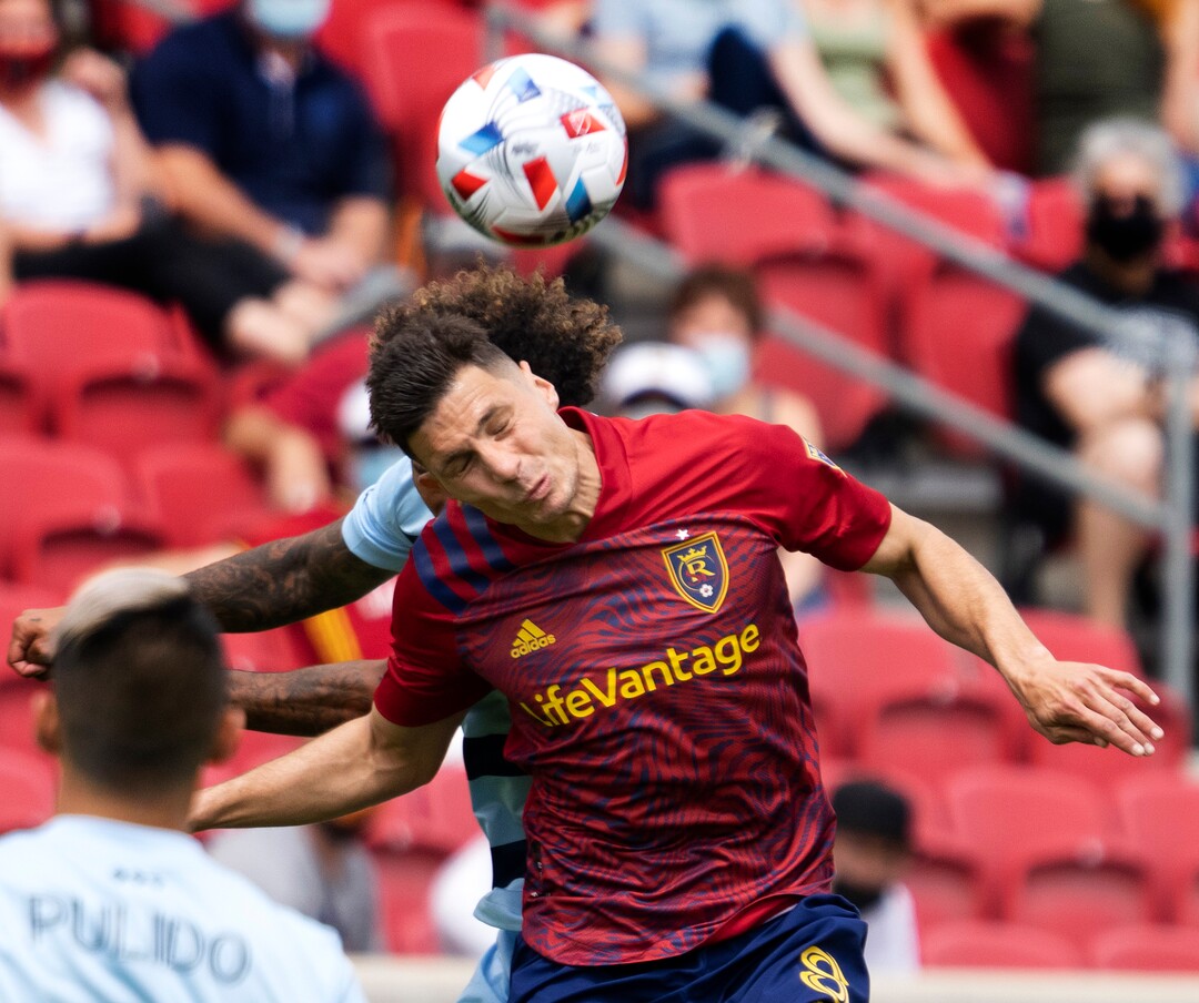 (Rick Egan | The Salt Lake Tribune) Real Salt Lake midfielder Damir Kreilach (8) heads the ball, in MLS action between Real Salt Lake and Sporting Kansas City at Rio Tinto Stadium, onSaturday, May 1, 2021.