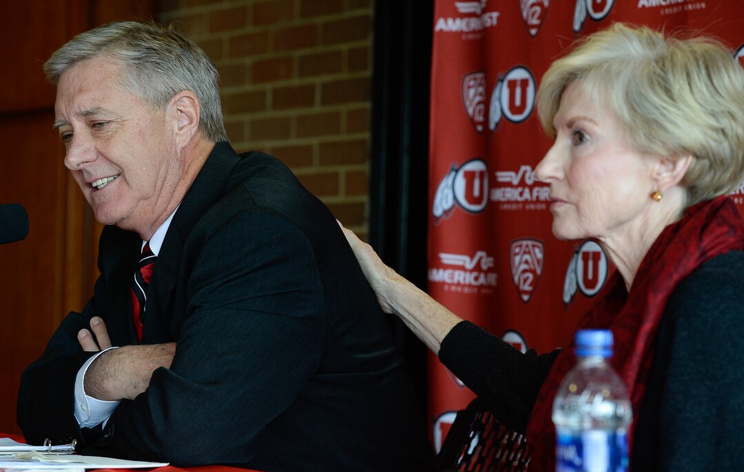 (Francisco Kjolseth  |  The Salt Lake Tribune)  University of Utah Athletics Director Chris Hill announces his plan to retire this spring after 31years. Joined by his wife Kathy and their son and daughter and grandkids at the Jon M. Huntsman Center on campus on Monday, March 26, 2018, Hill is the longest actively tenured athletics director at the same school in the NCAA FBS.