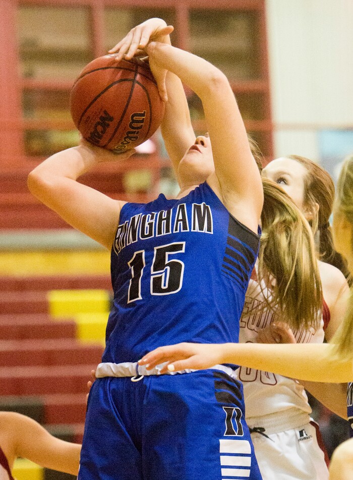 (Rick Egan  |  The Salt Lake Tribune)    Melissa Sorenson, Viewmont, blocks a shot by Bingham High center Maggie McCord  (15), in prep basketball action, Bingham vs. Viewmont, in Bountiful, Wednesday, January 3, 2018.