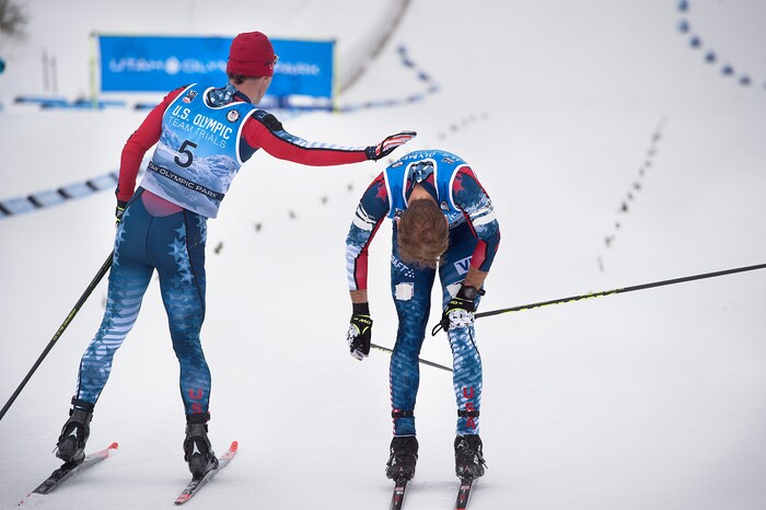 (Scott Sommerdorf   |  The Salt Lake Tribune)   
Nordic Combined Olympic Trials winner Bryan Fletcher, left, gives his brother Bryan Fletcher a pat on the back after Bryan came in to finish fourth in the 10K cross country race in the in Park City, Saturday, December 30, 2017. 
