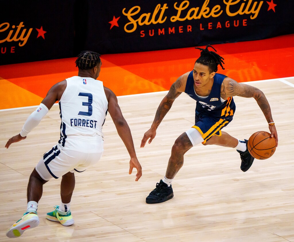 (Trent Nelson  |  The Salt Lake Tribune) Utah Jazz Blue guard Kyle Allman (43) defended by Utah Jazz White forward Trent Forrest (3) as Utah Jazz Blue faces Utah Jazz White in the Salt Lake City Summer League in Salt Lake City on Friday, Aug. 6, 2021.
