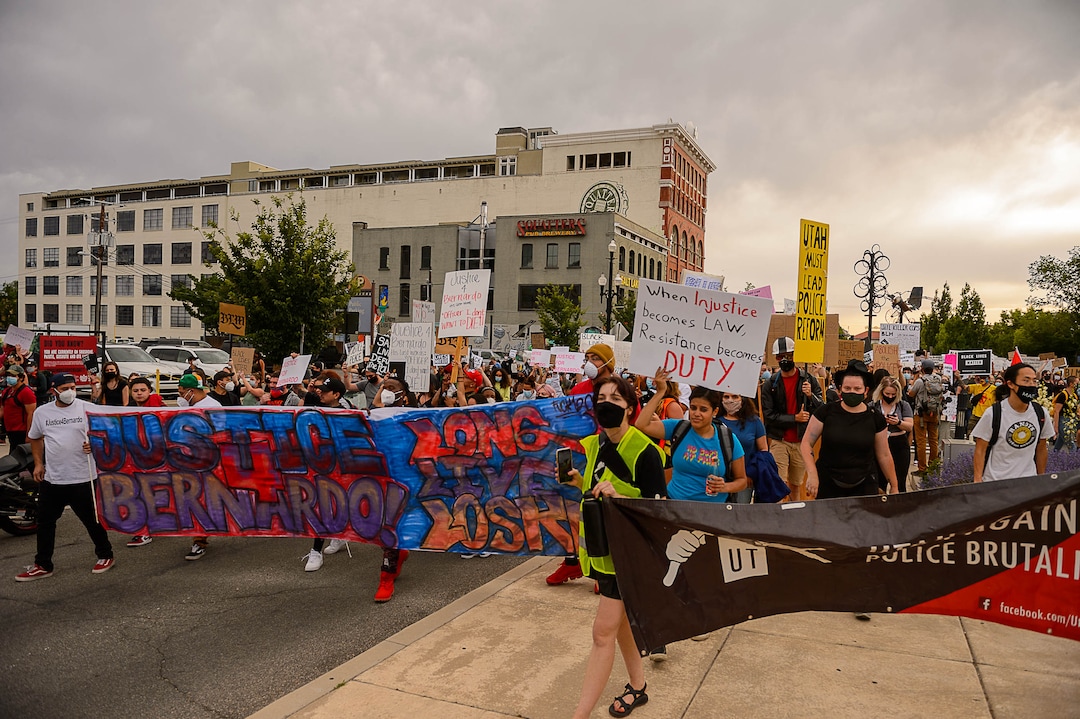 (Trent Nelson  |  The Salt Lake Tribune) People march against police brutality in Salt Lake City on Saturday, June 13, 2020.