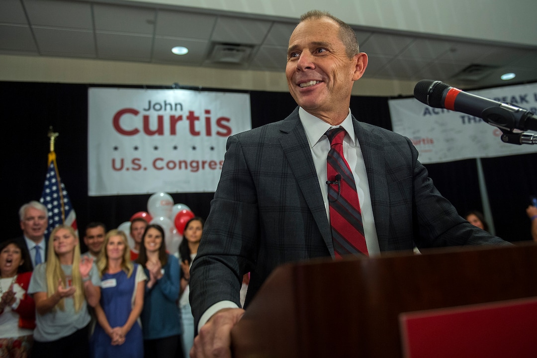 (Chris Detrick  |  The Salt Lake Tribune)  Provo Mayor John Curtis celebrates speaks his election night party at the Provo Marriott Hotel & Conference Center Tuesday, August 15, 2017. 