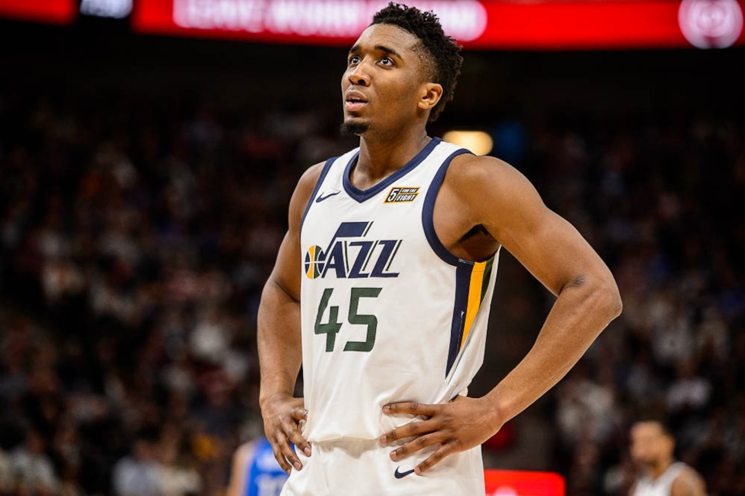 (Trent Nelson | The Salt Lake Tribune)  Utah Jazz guard Donovan Mitchell (45) reacts to a 13-point deficit as the Utah Jazz host the Oklahoma City Thunder, NBA basketball in Salt Lake City, Saturday December 23, 2017.
