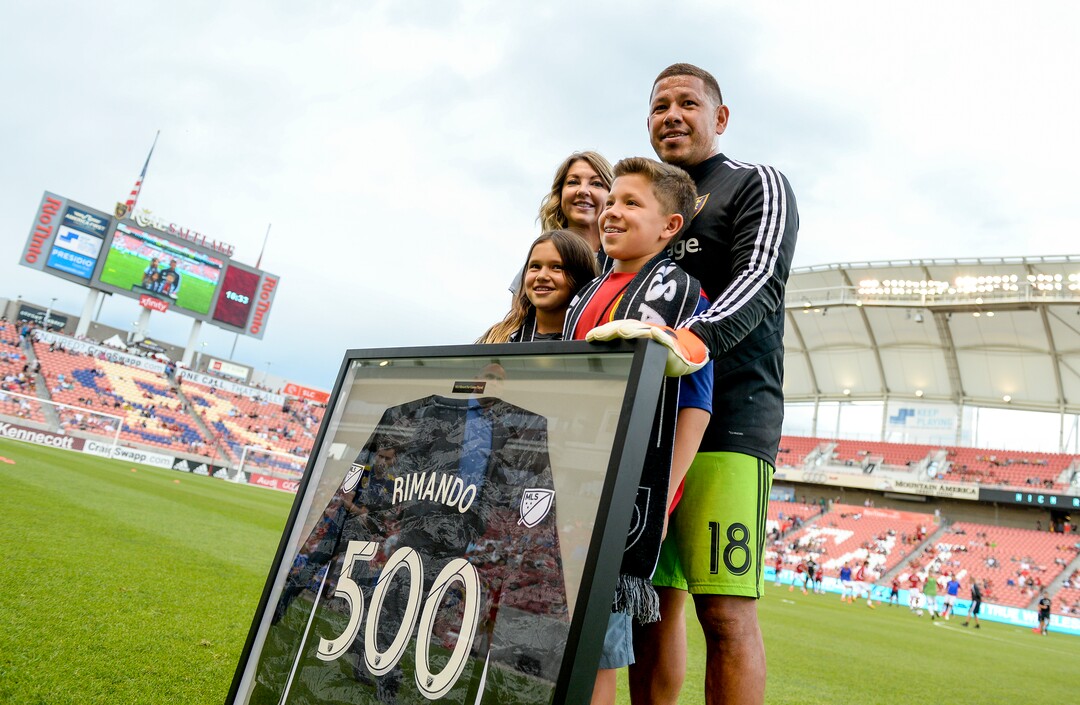 (Leah Hogsten  |  The Salt Lake Tribune) Nick Rimando, his wife Randi Peterson, daughter Benny and son Jet were celebrated on the home pitch Sat, July 13, 2019 at Rio Tinto Stadium for completing his 500th MLS regular-season game last week against the San Jose Earthquakes in San Jose. Rimando is the all-time MLS leader in wins, shutouts, games played and saves more than any other MLS goalkeeper. Tonight’s game against the Philadelphia Union will be Rimando’s 501st.