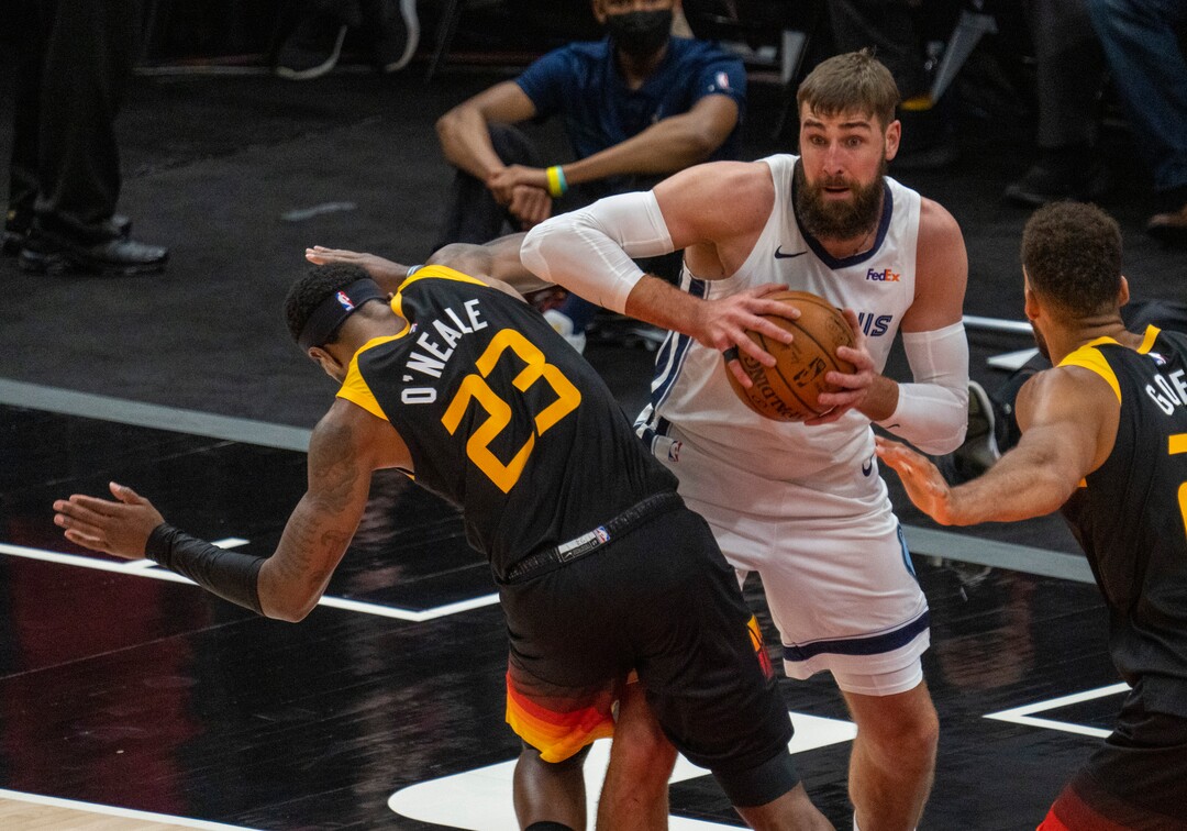 (Rick Egan | The Salt Lake Tribune) Memphis Grizzlies center Jonas Valanciunas (17) is called for a personal foul as makes contact with Utah Jazz forward Royce O'Neale (23), in NBA Playoff game 2, between the Utah Jazz and the Memphis Grizzlies at Vivint Arena, on Wednesday, May 26, 2021.