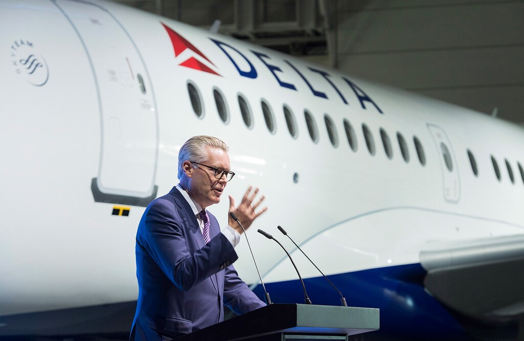 (Graham Hughes | The Canadian Press via AP, file photo) In this Oct. 26, 2018, file photo Delta Air Lines CEO Ed Bastian speaks during a ceremony to mark the first delivery of Airbus' Delta Airlines A220 in Mirabel, Quebec on Jan. 3, 2019.
