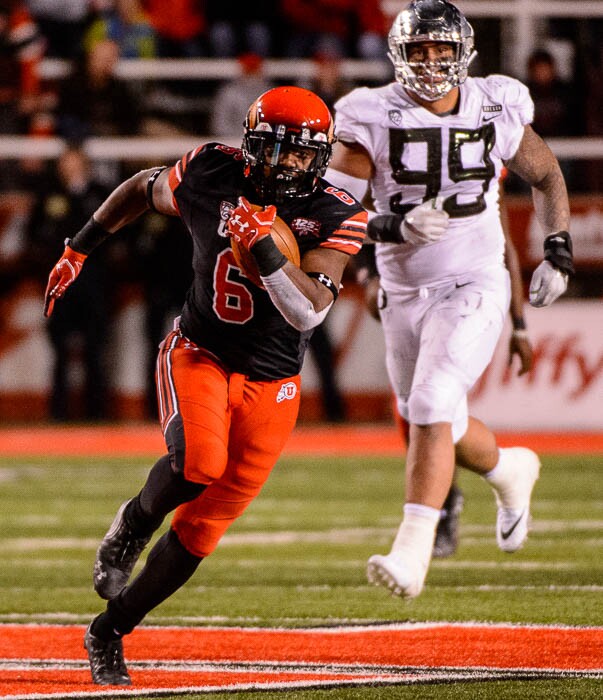 (Trent Nelson | The Salt Lake Tribune)  Utah Utes running back Armand Shyne (6). Utah Utes host the Oregon Ducks, NCAA football at Rice-Eccles Stadium in Salt Lake City on Saturday Nov. 10, 2018.