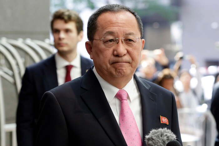 North Korea's Foreign Minister Ri Yong Ho speaks outside the U.N. Plaza Hotel, in New York, Monday, Sept. 25, 2017. (AP Photo/Richard Drew)