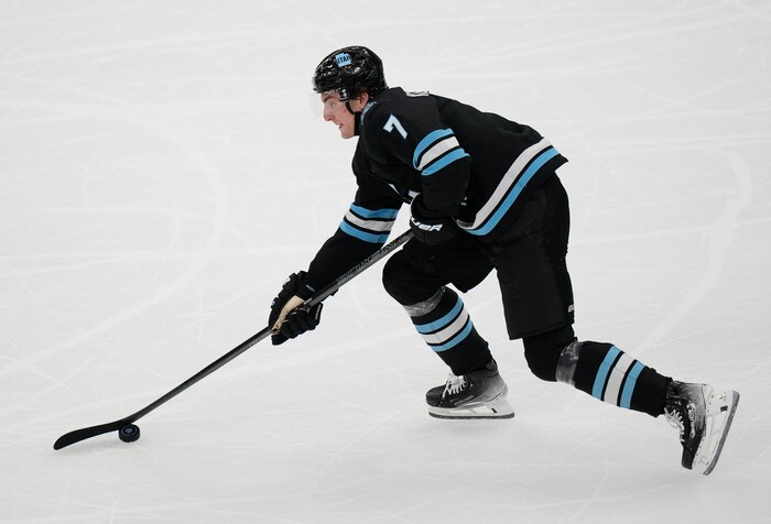 (Francisco Kjolseth | The Salt Lake Tribune) Utah Hockey Club defenseman Michael Kesselring (7) during an NHL hockey game at the Delta Center in Salt Lake City on Monday, Nov. 18, 2024.