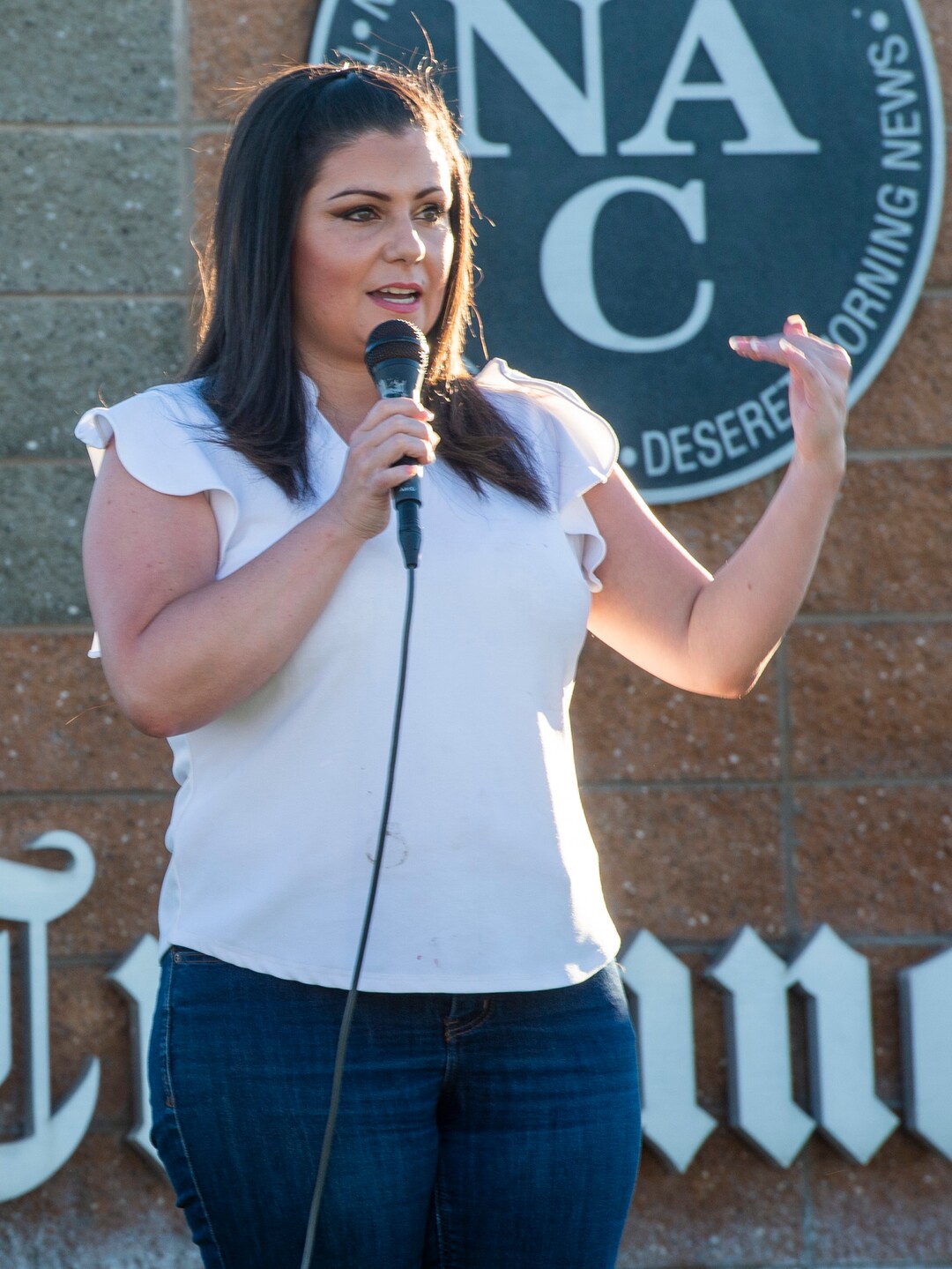(Rick Egan  |  The Salt Lake Tribune)     Shannon Maccines speaks to police supporters upset by a Pat Bagley cartoon, as they protest The Salt Lake Tribune in West Valley City, on Thursday, Sept. 3, 2020.