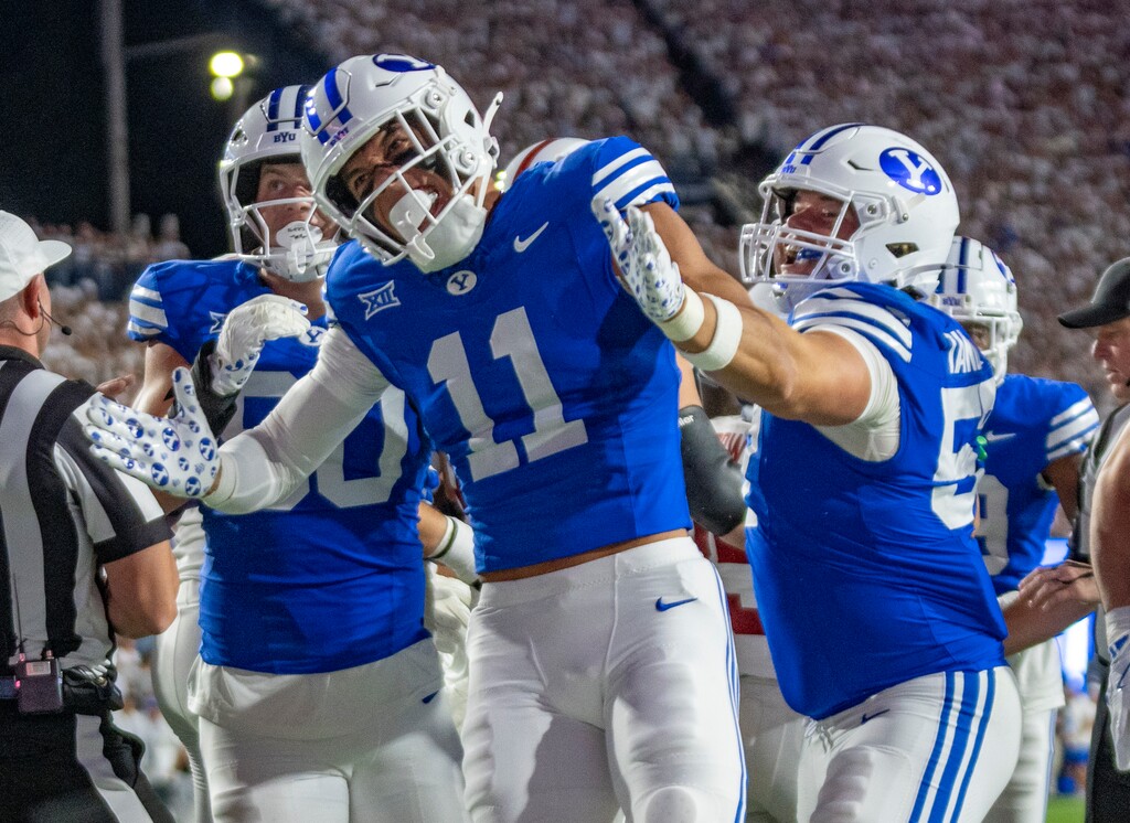 (Rick Egan | The Salt Lake Tribune) Brigham Young Cougars safety Faletau Satuala (11) celebrates after a BYU safety, in football action between the Brigham Young Cougars and the Stanford Cardinal, at Lavell Edwards Stadium on Saturday Sept. 6, 2025.