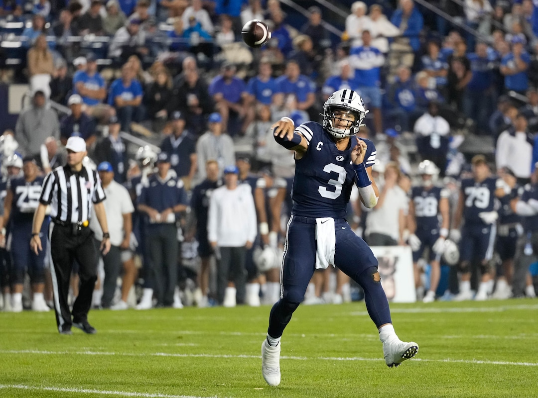 (Francisco Kjolseth | The Salt Lake Tribune) Brigham Young Cougars quarterback Jaren Hall (3) throws for a second touchdown in football action between the Brigham Young Cougars and the Wyoming Cowboys at LaVell Edwards Stadium in Provo, on Saturday, Sept. 24, 2022.