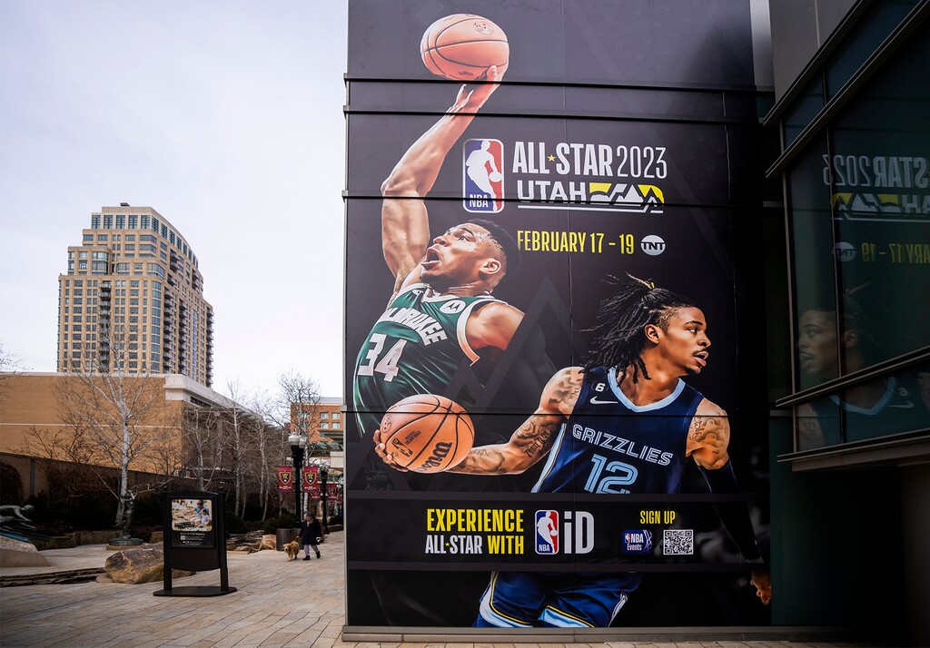 (Rick Egan | The Salt Lake Tribune) Banners at the City Creek Mall advertize for All-Star Weekend, on Saturday, Feb. 11, 2023.