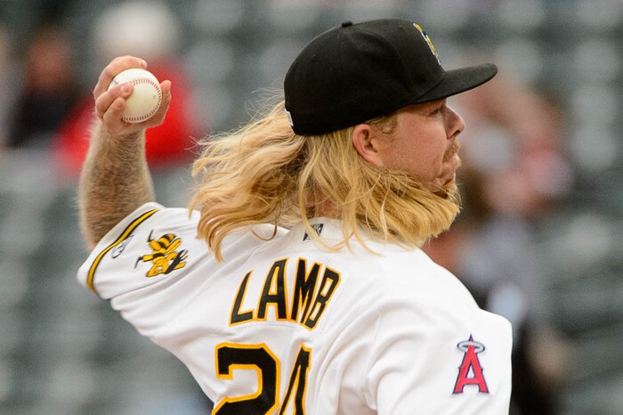 (Trent Nelson | The Salt Lake Tribune)  Salt Lake Bees vs. Albuquerque Isotopes, Triple-A baseball in Salt Lake City, Thursday April 5, 2018. Salt Lake pitcher John Lamb in the first inning.