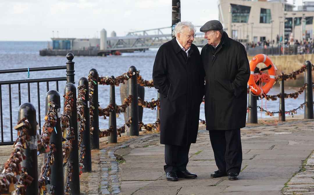 (The Church of Jesus Christ of Latter-day Saints)
Apostles M. Russell Ballard and Quentin L. Cook visit the docks in Liverpool on Oct. 25, 2021. It was from this place that many early Latter-day Saints set sail for America.