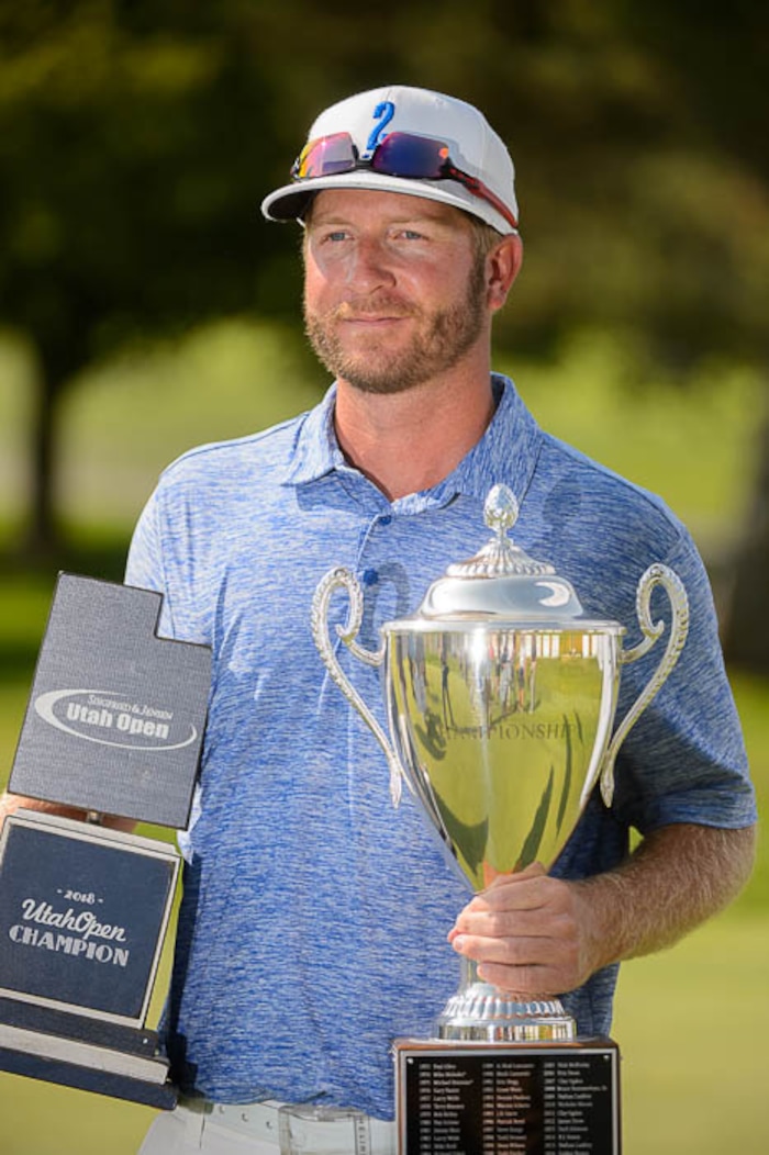 (Trent Nelson | The Salt Lake Tribune)  
Dusty Fielding wins the Utah Open golf tournament at Provo's Riverside Country Club, Sunday Aug. 19, 2018.