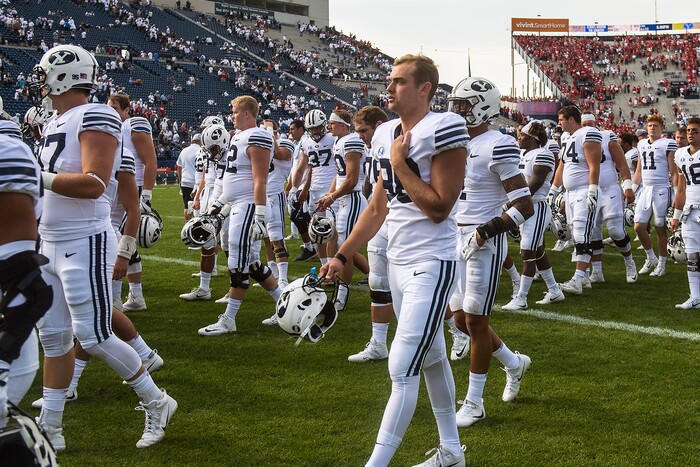 (Chris Detrick  |  The Salt Lake Tribune)   Brigham Young Cougars walk off of the field after the game at LaVell Edwards Stadium Saturday Saturday, September 16, 2017. Wisconsin Badgers defeated Brigham Young Cougars 40-6.