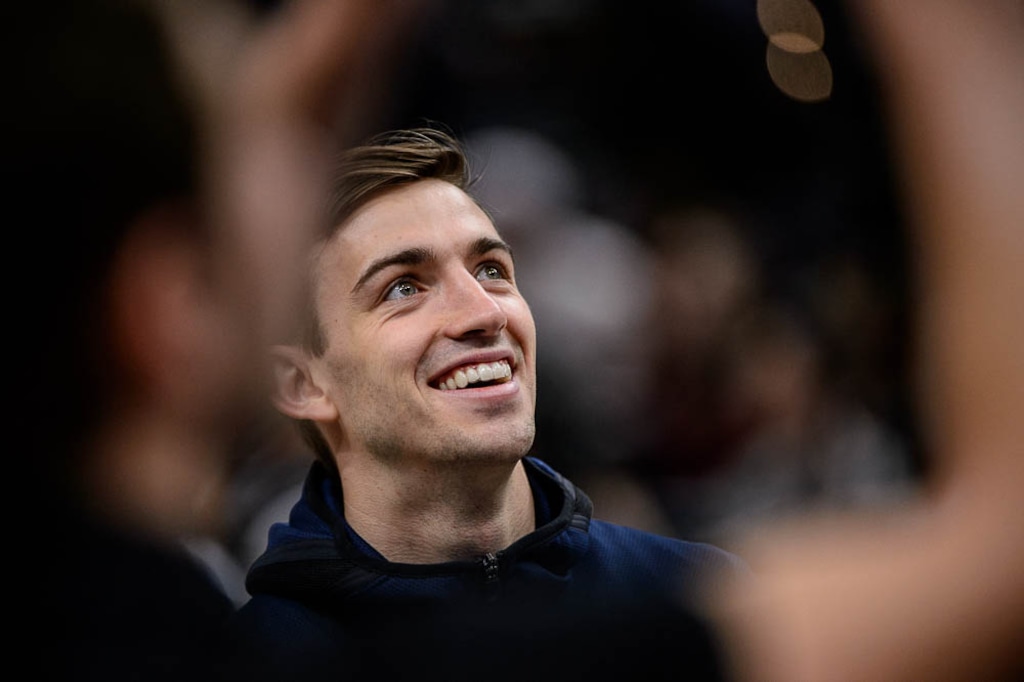 (Trent Nelson | The Salt Lake Tribune)  Utah Jazz vs. Boston Celtics, NBA basketball in Salt Lake City, Wednesday March 28, 2018. Jazz guard David Stockton.