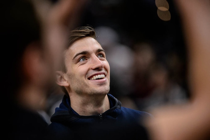 (Trent Nelson | The Salt Lake Tribune)  
Utah Jazz vs. Boston Celtics, NBA basketball in Salt Lake City, Wednesday March 28, 2018. Jazz guard David Stockton.