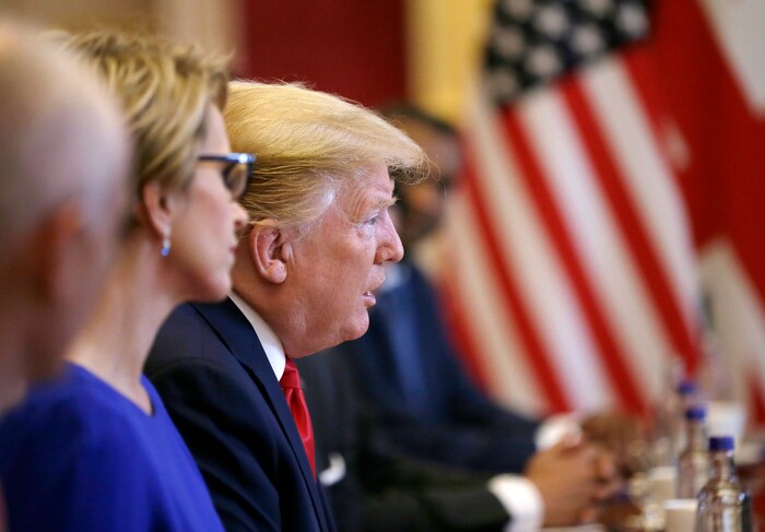 U.S President Donald Trump attends a business roundtable event with British Prime Minister Theresa May at St. James's Palace, London, Tuesday June 4, 2019. (AP Photo/Tim Ireland)