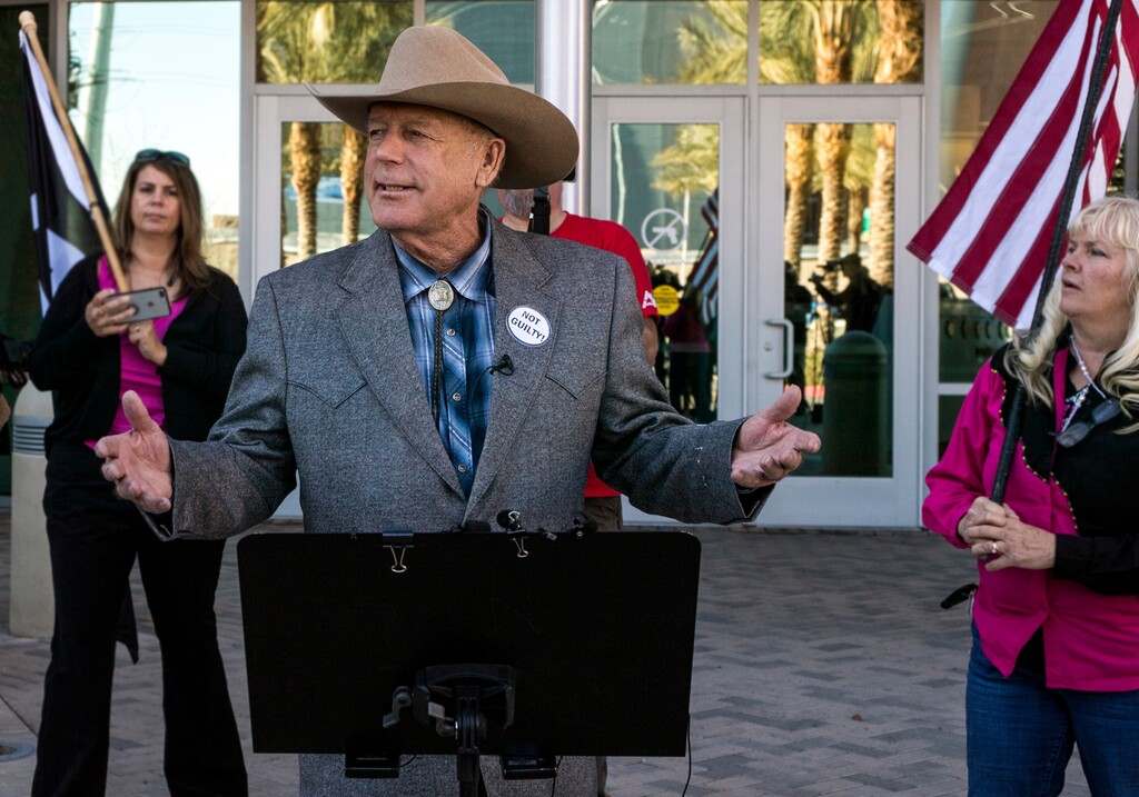 Cliven Bundy is all smiles as he welcomes everyone for a press conference in front of Metro Police Headquarters on Wednesday, Jan. 10, 2018. Bundy, the Nevada rancher and states’ rights figure who was freed after federal charges were dismissed in a 2014 armed standoff with government agents says the county sheriff and the governor are the only authorities he recognizes. (LE Baskow /Las Vegas Sun via AP)