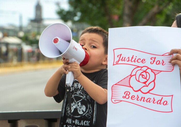 (Rick Egan  |  The Salt Lake Tribune)     Bernardo's nephew, 3-year-old Aiden Palacios, chants with the protesters, during a Justice for Bernardo Polacios rally on Thursday, June 25, 2020.