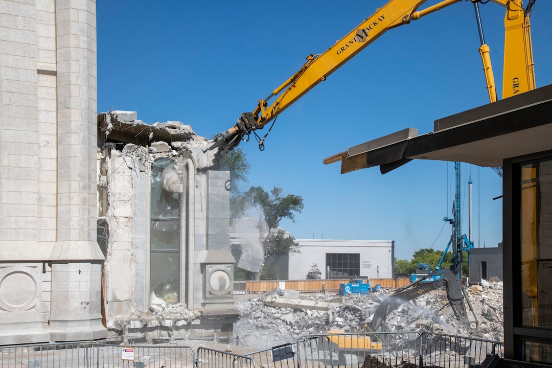 (Photo courtesy The Church of Jesus Christ of Latter-day Saints) The 1960s construction of the sealing addition, chapel and north entrance are dismantled as part of the seismic upgrade of the Salt Lake Temple. The sealing addition will be rebuilt once upgrades are completed.