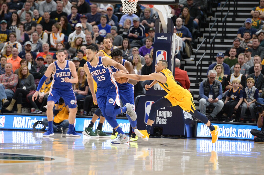 Leah Hogsten  |  The Salt Lake Tribune  Utah Jazz guard Dante Exum (11) with the steal from Philadelphia 76ers guard Ben Simmons (25). The Philadelphia 76ers defeated the Utah Jazz 114- 97 at Vivint Smart Home Arena, Thursday, December 27, 2018. 