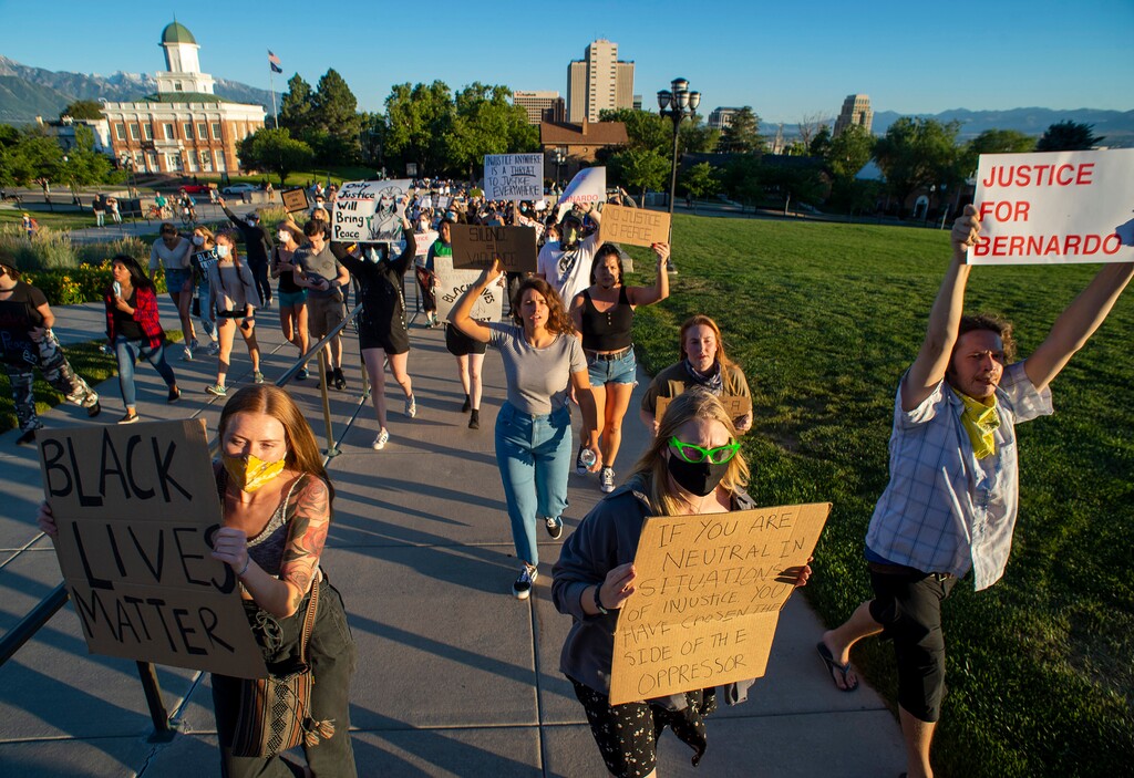(Rick Egan  |  The Salt Lake Tribune)     Protesters march back to the State Capitol, during a demonstration in Salt Lake City, on Wednesday, June 10, 2020.