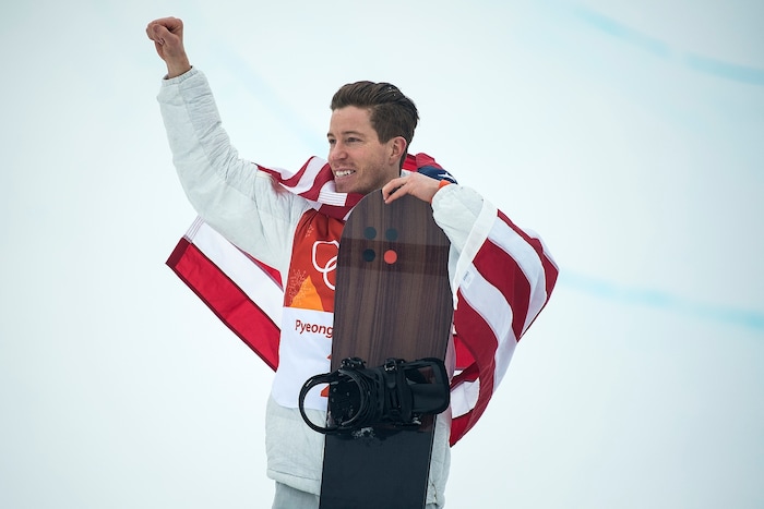 (Chris Detrick  |  The Salt Lake Tribune)  Shaun White celebrates winning gold after his run during the men's halfpipe finals at Phoenix Snow Park during the Pyeongchang 2018 Winter Olympics Wednesday, Feb. 14, 2018.  White won the event with a 97.75, his third Olympic gold medal in the halfpipe (2006, 2010, 2018).