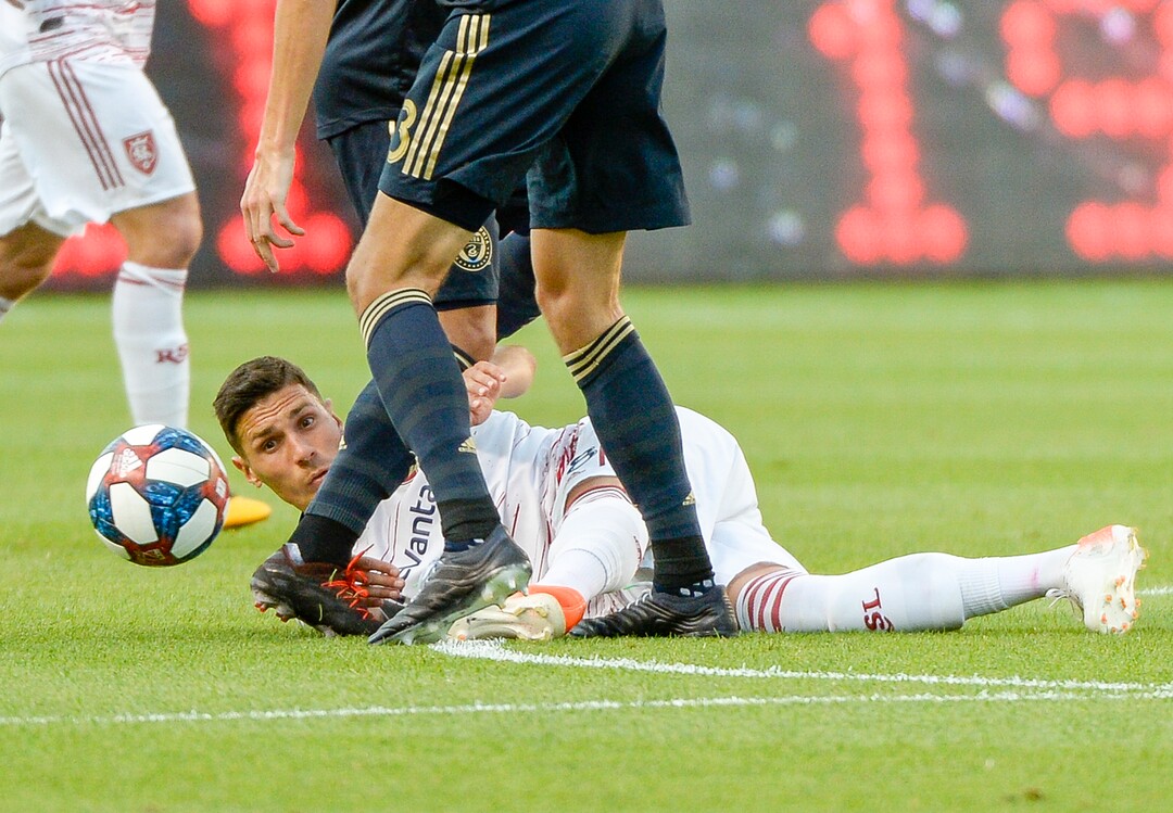 (Leah Hogsten  |  The Salt Lake Tribune) Real Salt Lake midfielder Damir Kreilach (8) hits the pitch. Real Salt Lake hosts Philadelphia Union in MLS Soccer at Rio Tinto Stadium in Sandy, Utah on Sat, July 13, 2019.