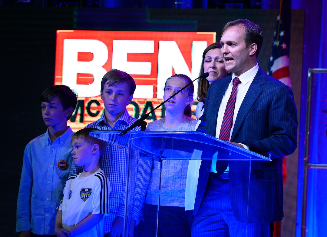(Scott Sommerdorf | The Salt Lake Tribune)
Ben McAdams speaks at the Democratic convention, Saturday, April 28, 2018 at the Salt Palace Convention Center in Salt Lake City, Utah.