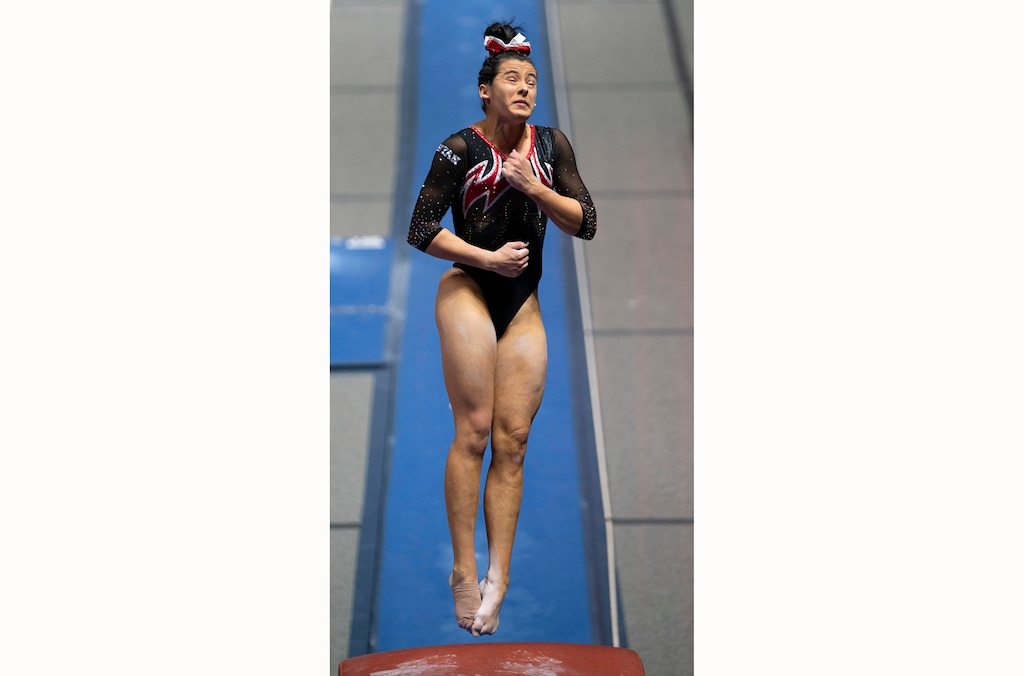 (Rick Egan | The Salt Lake Tribune) Alexia Burch competes on the vault, in Pac-12 gymnastics action between Washington and Utah at the Huntsman Center in Salt Lake City on Jan. 30, 2021. In a Pac-12 victory at Arizona State on Saturday, Feb. 6, 2021, Burch won the vault with a 9.975.