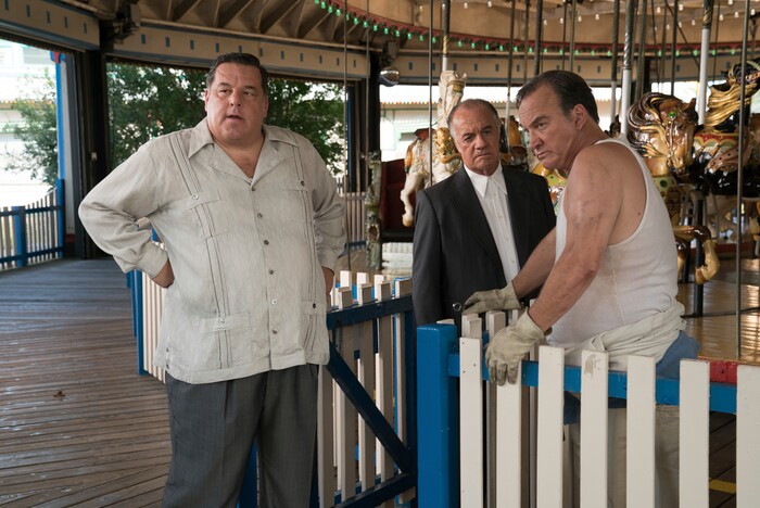This image released by Amazon Studios shows Steve Schirripa, from left, Tony Sirico and James Belushi in a scene from "Wonder Wheel." (Jessica Miglio/Amazon Studios via AP)