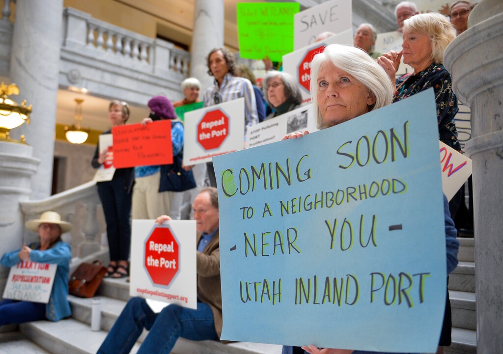 (Chris Samuels | The Salt Lake Tribune) Protesters attend a rally before a meeting of the Utah Inland Port Authority board at the State Capitol, Thursday, May 11, 2023.
