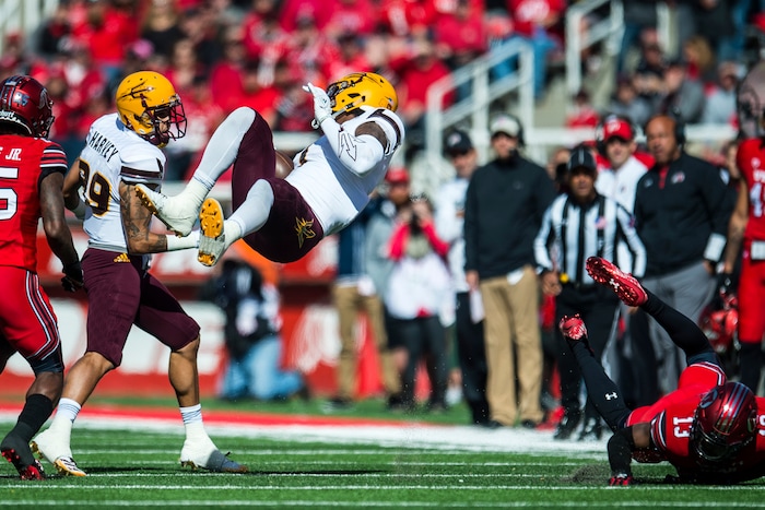 (Chris Detrick  |  The Salt Lake Tribune)  Arizona State Sun Devils wide receiver N'Keal Harry (1) is tackled by Utah Utes defensive back Marquise Blair (13) during the game at Rice-Eccles Stadium Saturday, October 21, 2017. 